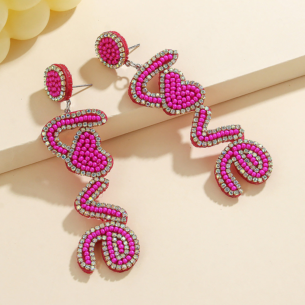 Wholesale New Valentine's Day Beaded Earrings Bohemian Handmade Rose Red Shiny Diamond Letters Love Beads Earrings